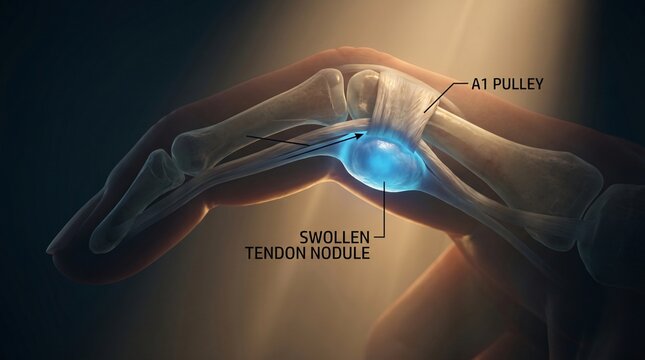 Medical illustration of a swollen tendon nodule within the A1 pulley of a finger