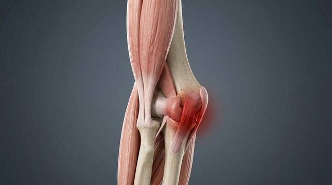 Anatomical illustration of elbow joint musculature and bones with inflammation highlighted