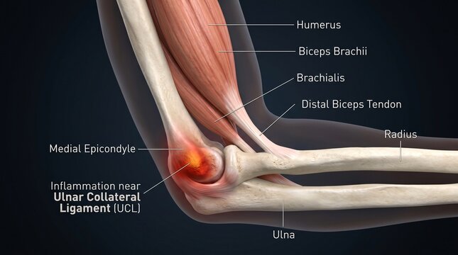 Anatomical illustration of human elbow bones muscles and tendons with inflammation near UCL