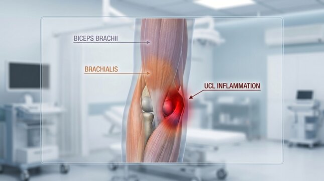 Anatomical illustration of elbow joint showing biceps brachii brachialis muscles and UCL inflammation