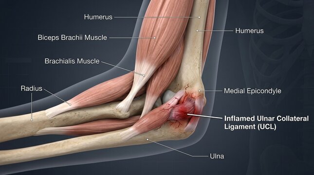 Anatomical illustration of the human elbow with inflamed ulnar collateral ligament and labeled bones and muscles