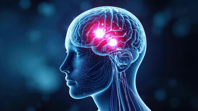Glowing human brain neural anatomy with futuristic nervous system and medical highlighted synapses