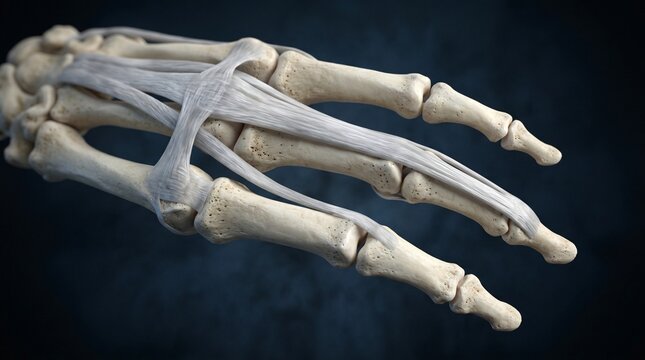 Detailed 3D rendering of human hand bones and ligaments showing anatomical structure