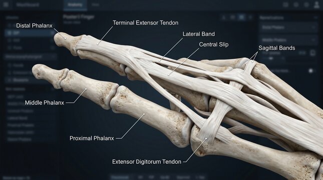 Detailed 3D render of human finger bones and tendons labeled anatomy Finger anatomy