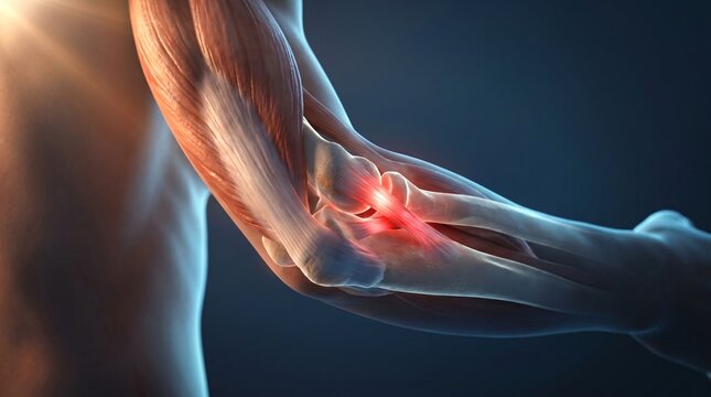 Detailed anatomical illustration of human elbow joint displaying bones muscles and inflamed tendon