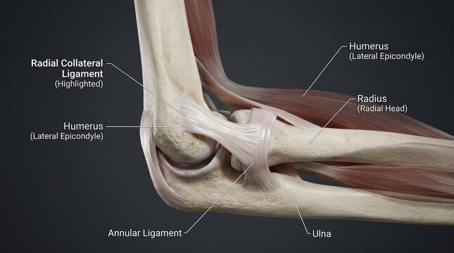 Detailed anatomical illustration of the human elbow joint with ligaments humerus radius and ulna labeled