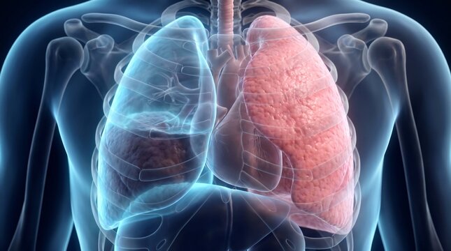 3D illustration of human lungs trachea and rib cage against a dark background