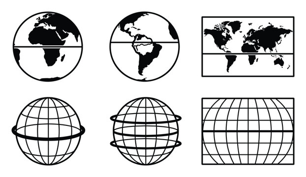 World map and globe icons with equatorial lines and grids, showing continents and continents divided by equator.