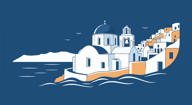 White island buildings and church with blue domes on a blue sea and sky