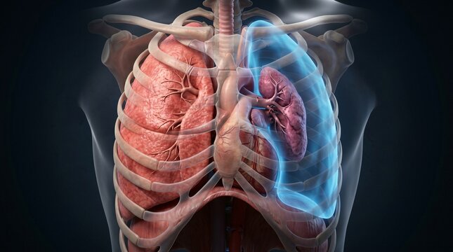 Anatomical visualization of the human rib cage lungs and heart showing bronchioles and blood vessels