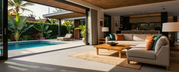 Obraz premium Luxury modern tropical villa interior. Open plan living room with sofa and coffee table opens to poolside patio. Lush greenery, sunlit ambiance, elegant comfort, island vacation feel.