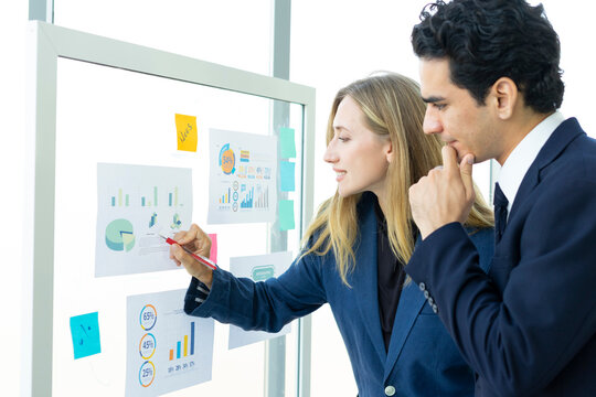 Man and woman businesspeople planning business strategy while looking at infographic on wall. Business, education and office concept.