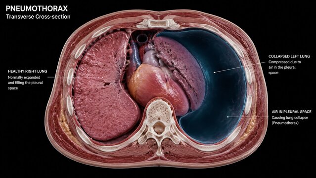 Transverse cross section of human chest showing a healthy right lung and a collapsed left lung due to pneumothorax