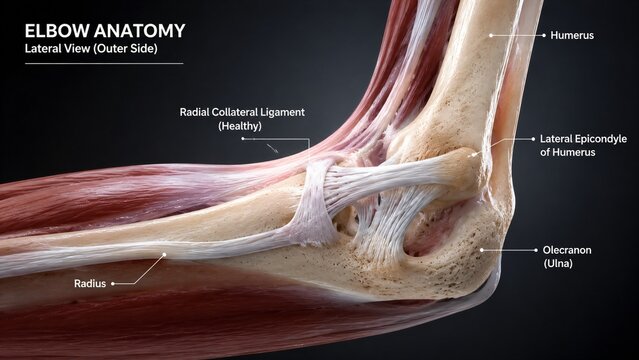 Detailed lateral view of healthy elbow anatomy showing radius humerus ulna and ligaments