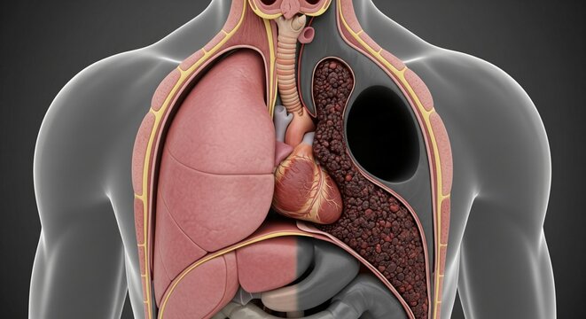 Anatomical cross section of human chest showcasing lungs heart trachea and diseased lung tissue