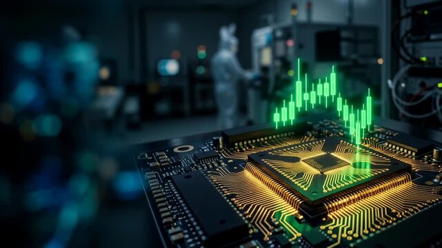 High tech circuit board printed with glowing processor microchip and rising green data graph