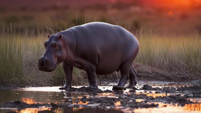 Young hippopotamus walking through marsh at sunset with warm reflective water and hippo reflection