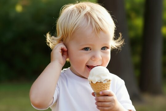 Blond toddler with blue eyes eats vanilla ice cream cone outside. Child in white t shirt enjoys cold dessert in park. Little one holds treat with happy expression in summer.