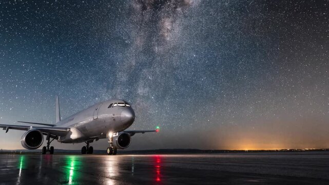 Silver passenger airplane on runway under starry night milky way glow reflective lights serene scene