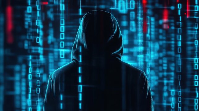 Hacker in silhouette surrounded by digital code