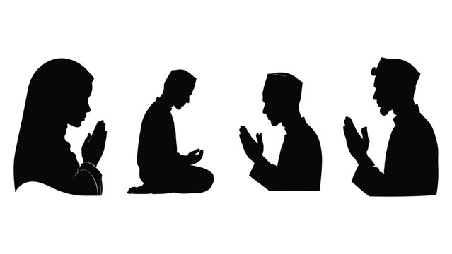 Muslim prayer silhouette set, Islamic people praying in different poses, black silhouettes of man and woman in worship, religious vector elements