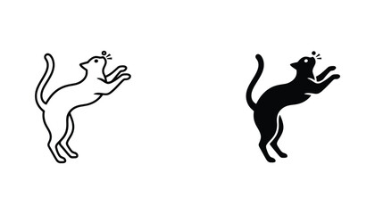 Playful cat silhouette icon set showing jumping feline in outline and solid black graphic styles for pet shop or veterinary clinic branding © Elevate