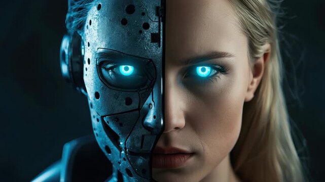 Cyborg female portrait half face with glowing eye blue light, half robot mask, intense futuristic