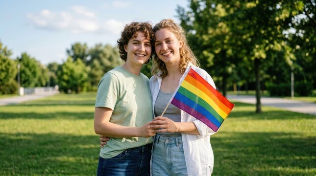 Celebrating love and diversity with a rainbow flag in the park