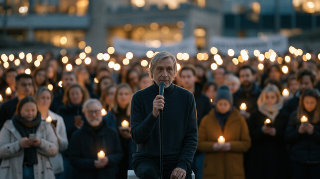 Crowd of environmental advocates gathering outside a municipal building at blue hour, faces lit by phone flashlights, elder activist speaking from a small step into a handheld microphone, banners re