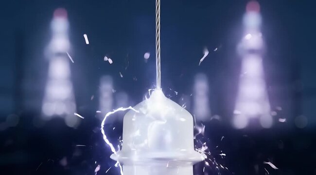 Abstract White Ceramic Structure with Electrical Discharge and Bokeh Lights in Dark Blue Ambiance