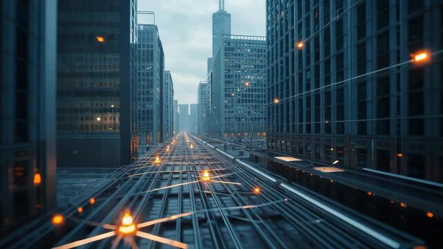 Glowing city transit rail track corridor with highrise building network lights and moody blue
