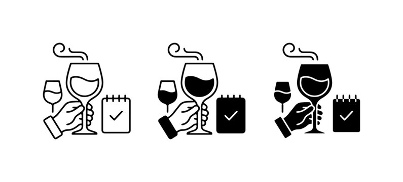 Wine Tasting Icons Set, Sommelier Hand Holding Glass, Tasting Notes Checklist, Beverage Aroma Swirls, Elegant Drink Icons