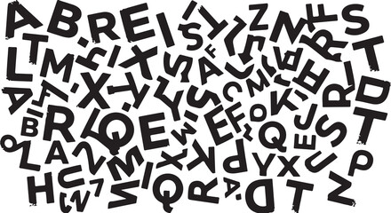 Black alphabet letters scattered randomly in a messy pattern forming an artistic typography design for education and creative projects © Designer-CHAN