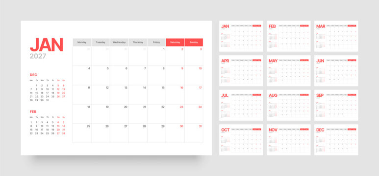 Monthly calendar template for 2027 year. Diary planner with Monday start.