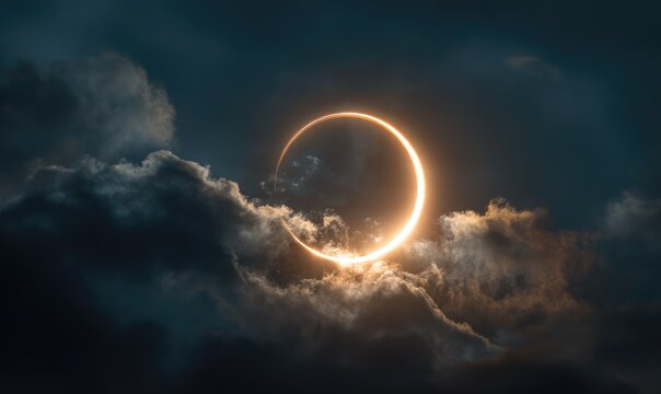Glowing ring of fire surrounds sun during annular eclipse among dark clouds