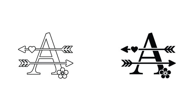 Letter A monogram with two crossed arrows and flower ornament in outline and solid black vector style for romantic branding and wedding stationery
