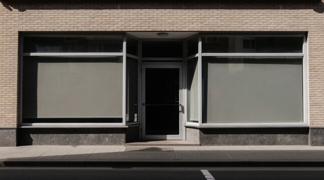 Empty storefront with closed window blinds and a dark door. The building facade features light brick and granite base. Sidewalk and street visible.