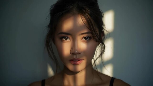 Soft portrait woman with closed eye sunlight and shadow patterns her face bathed warm window light