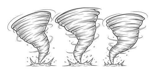 Three black and white swirling tornadoes striking the ground storm weather wind vortex © Md