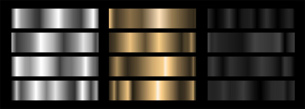 A set of silver, gold and black metallic gradients. Vector collection of metal gradients for chrome button, ribbon, brass metal frame border, label design.