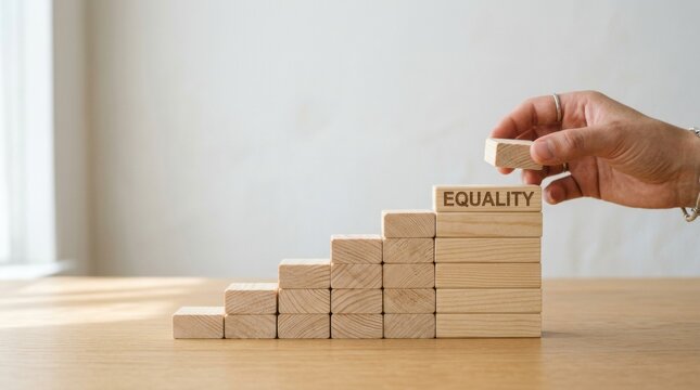 Building equality step by step with wooden blocks and a hand