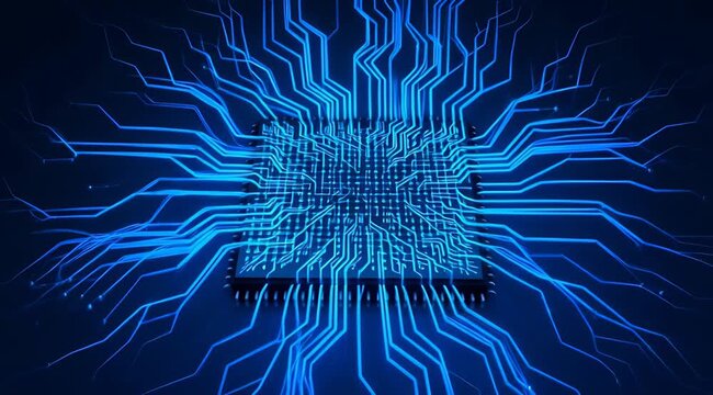 Central Processing Unit Microchip With Blue Glowing Circuitry Lines Extending Outwards On A Dark Blue Background Symbolizing Technology And Data Flow