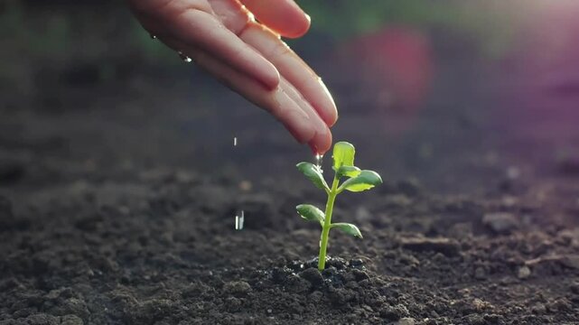 Female hand drip watering small green sprout in fertile soil. Woman watering young plant from palms. Green seedling in soil. Sprouted seed in fertile soil.