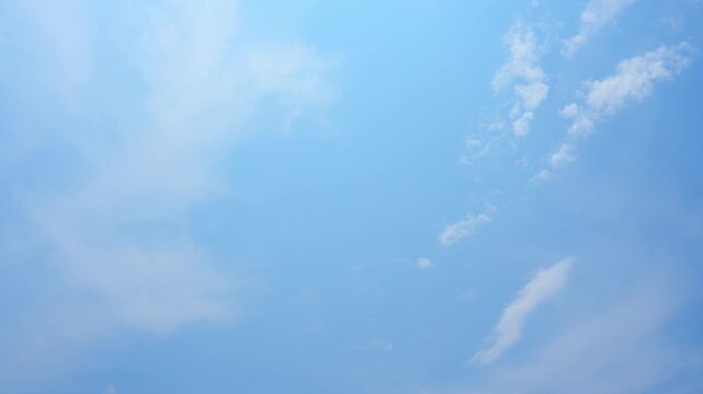 A blue sky timelapse video footage featuring wispy cirrus and scattered altocumulus clouds floating across the atmosphere, symbolizing freedom, climate clarity, and peaceful natural motion. 4k.
