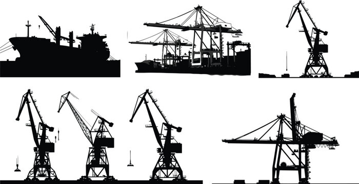 Industrial Silhouette Collection of Cargo Ships Port Cranes and Maritime Logistics Equipment