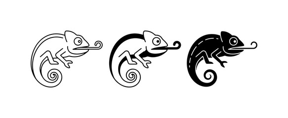 Fototapeta premium Chameleon Icons Set, Reptile Vector Graphics, Black and White Animal Silhouettes, Stylized Lizard Illustrations for Nature and Wildlife Themes
