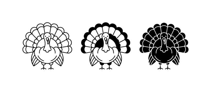 Turkey Icons Set, Thanksgiving Bird Graphics, Festive Poultry Vector Illustrations, Holiday Animal Silhouettes