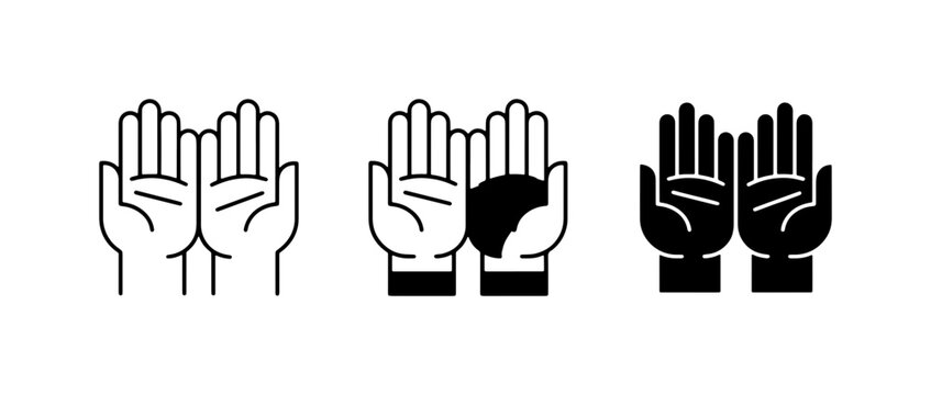 Praying Hands Icons, Open Palms Vector Set, Religious Symbol Graphics, Spiritual Gesture Illustrations