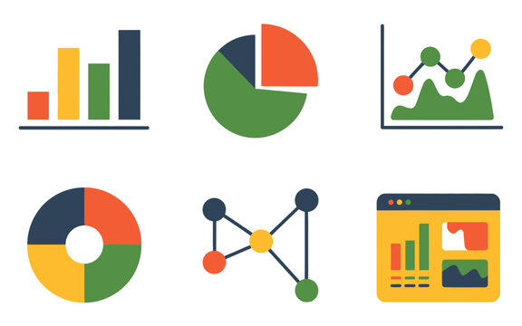 Set of flat vector icons representing data analysis, business charts and graphs