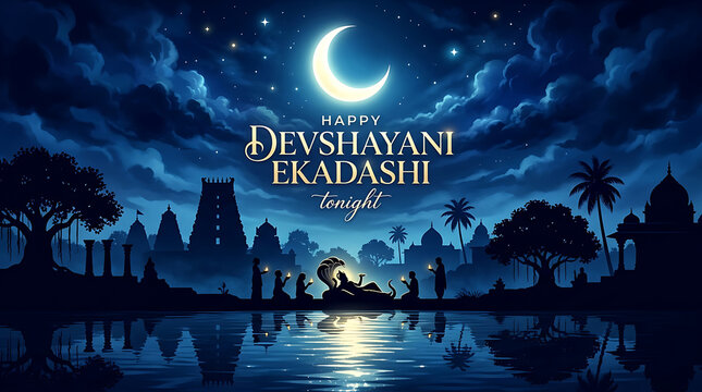  Contemporary Devshayani Ekadashi silhouette artwork with glowing moon reflections beneath dramatic blue skies featuring elegant Happy Devshayani Ekadashi typography tonight